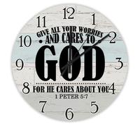 Madcolitote Give All Your Worries And Cares to God, orologio da parete in legno con versi della Bibbia, funzionamento a batteria, 38 cm, senza ticchettio, decorazione religiosa cristiana per camera da