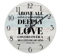 Madcolitote Orologio da parete con dedica biblica da 25,4 cm, funzionamento a batteria, con scritta in lingua inglese "Above All love each other", silenzioso, scrittura, decorazione per la casa, per