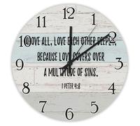 Madcolitote Orologio da parete con scritta "Above All Love Each Other Deeply Bibbia Verse 30,5 cm Orologio da parete in legno a batteria Casale cristiana Decorazione per la casa per camera da letto