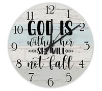Madcolitote Orologio da parete da 30,5 cm, con scritta in lingua inglese "Bibbia Verse Scrittura", in legno, funzionamento a batteria, con scritta "God is within Her She Will Not Fall Jesus