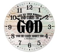 Madcolitote Orologio da parete in legno con dedica della Bibbia, con scritta in lingua inglese "Give All Your Worries And Cares to God", funzionamento a batteria, 25,4 cm, decorazione religiosa