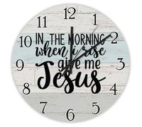 Madcolitote Orologio da parete in legno con scritta in inglese "In the Morning When I Rise Give Me Jesus", con versi della Bibbia, 38 cm, grande, funzionamento a batteria, decorazione religiosa per