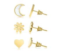 Made by Nami Set di orecchini da donna in diverse forme con luna, stella, cuore, sole, madreperla, oro, in acciaio chirurgico, impermeabile, regalo per voi, Stecker, Acciaio inossidabile, Nessuna