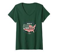 Made in America, Bandiera patriottica degli Stati Uniti, Mappa Industriale Maglietta con Collo a V, Donna, Verde Foresta, M