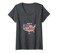 Made in America, Bandiera patriottica degli Stati Uniti, Mappa Industriale Maglietta con Collo a V, Donna, Grigio Scuro, L