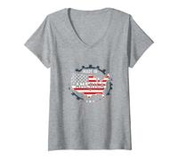 Made in America, Bandiera patriottica degli Stati Uniti, Mappa Industriale Maglietta con Collo a V, Donna, Grigio Melange, L