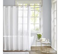 Madison Park Anna Sheers - Tenda da doccia con motivo a righe, stile moderno, decorazione per il bagno di metà secolo, lavabile in lavatrice, schermo privacy in tessuto, 183 x 183 cm, colore avorio