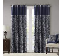 Madison Park Aubrey Jacquard Rod Pocket Valance, Classic Elegant Silk Paisley Valances for Windows, 50X18, Blue, blu navy, 50x108