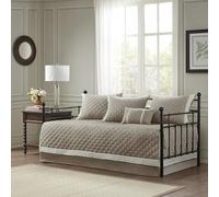 Madison Park Breanna - Copriletto trapuntato double-face, 100% cotone, per tutte le stagioni, con mantovana giroletto, federe abbinate, cuscino decorativo, (190,5 x 99 cm), cachi, 6 pezzi
