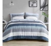 Madison Park Essentials Jaxon Bed in a Bag - Set copripiumino con lenzuolo, design a righe stampate, biancheria da letto moderna per tutte le stagioni e federa abbinata, California King blu/grigio, 7