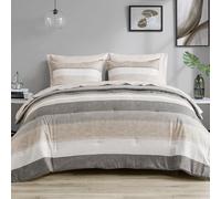 Madison Park Essentials, set completo con piumone e lenzuola, moderno e casual, stampa a righe, per tutte le stagioni, in morbida microfibra, con federe abbinate, 7 pezzi, colore: tortora/grigio