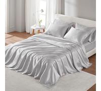 Madison Park Essentials - Set di lenzuola in raso di lusso e setose con lucentezza naturale, tasca profonda 40,6 cm, elastico tutto intorno, biancheria da letto matrimoniale, grigio chiaro, 6 pezzi