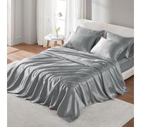 Madison Park Essentials - Set di lenzuola in raso di lusso e setoso con lucentezza naturale, tasca profonda 40,6 cm, elastico tutto l'anno, biancheria da letto matrimoniale, grigio, 6 pezzi