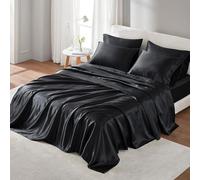 Madison Park Essentials - Set di lenzuola in raso di lusso e setoso con lucentezza naturale, tasca profonda 40,6 cm, elastico tutto l'anno, letto king size, nero, 6 pezzi
