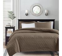 Madison Park Quebec Quilt Set - Luxurious Damask Stitching Design, Cotton Filled Lightweight Coverlet Bedspread Bedding, Shams, Full/Queen(90"x90"), Mocha 3 Piece