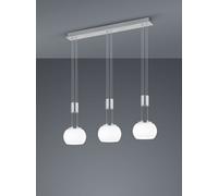 MADISON SOSPENSIONE LED 24W 2700lm, 3000K BARRA METALLO ACCIAIO E 3 VETRI SFERA BIANCHI CON REGOLAZIONE ALTEZZA CON CONTRAPPESO E DIMMERAZIONE INTENSITA' CON NORMALE INTERRUTTORE A PARETE L. 82CM