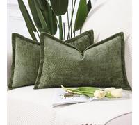 Madizz 2 Pezzi Copri Cuscino in Velluto Chenille con Bordo Copricuscini Morbido Decorativo Fodere per Cuscino Lusso Stile Arredi per Casa Divano Letto Verde muschio 30x50 cm