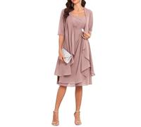 Madre della sposa abiti con giacca 2 pezzi mezza manica lunghezza al ginocchio chiffon madre sposo abito, Rosa polvere, 44