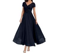 Madre della Sposa Abiti per Le Donne Chiffon Appliques Scollo A V Maniche Corte Lunghezza tè Formale Abiti da Sera del Partito Navy Blue M