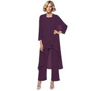 Madre della Sposa Pantaloni Completi 3 Pezzi Chiffon Lungo Outfit Set per Matrimonio Madre Pantaloni Suit con Gilet, Viola scuro, 48