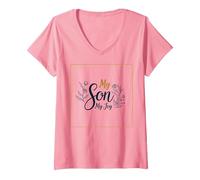 Madre dello Sposo Mio Figlio Sua Sposa mia Gioia Matrimonio Floreale Maglietta con Collo a V, Donna, Rosa, XL