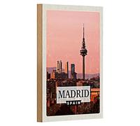 Madrid Skyline | Targa in legno | decorazione vintage | souvenir spagnolo | 12 cm x 18 cm