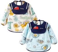 Maeau 2/3 bavaglini a maniche lunghe e senza maniche, impermeabili, con imbottitura a prova di perdite, in cotone/poliestere, per bambini con vaschetta di raccolta per 0-4 anni, per dipingere e