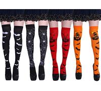 Maeau 4 pezzi Calzini Alti con Macchie di Sangue Donna Ragazza Halloween Calze Ginocchia Infermiera/Spada del Suono/Testa di Morte/ragnatela/Pipistrello/Zucca Cosplay Taglia unica, 04, Taglia Unica