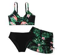Maeau Costume da bagno in tre pezzi per bambini e ragazze, costume da bagno stampato hawaiano, costume da spiaggia bikini, 8-14 anni/altezza 130-160 cm, Nero , 14 anni