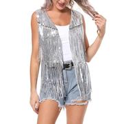 Maeau - Gilet Senza Maniche Donna Con Frange E Paillettes Stile Cowboy Occidentale Rock Giacca Estate S-L, argento, M