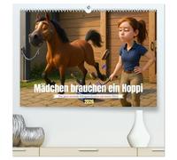 Mädchen brauchen ein Hoppi (hochwertiger Premium Wandkalender 2026 DIN A2 quer), Kunstdruck in Hochglanz: Wenn Pferde machen, was sie wollen - und Mädchen trotzdem durchhalten