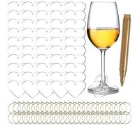 MaehSab 50 ciondoli per calici da vino, con 1 pennarello, in acrilico, fai da te, a forma di cuore, per calici da champagne, cocktail, martini, bicchieri da vino, bar, feste, Acrilico, Nessuna pietra