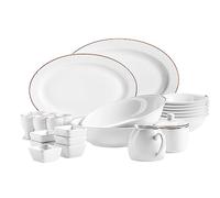 MÄSER 931735 - Set di 24 ciotole per cereali, tazze per uova, ciotole, zuccheriera, brocca per latte, ciotole e piatti da portata, colore: Bianco con bordo dorato, porcellana