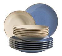 MÄSER 931873 Serie Ossia - Set di piatti per 6 persone in stile mediterraneo vintage, servizio da tavola moderno con piatti fondi in grigio sabbia e piatti piani, gres porcellanato, sabbia/azzurro