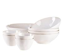 MÄSER 934014 Serie Frozen - Set da 9 pezzi in raffinata ceramica: 1 insalatiera, 4 ramen e 4 ciotoline per salse, forme organiche in stile vintage, smaltatura artigianale, gres, bianco