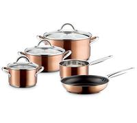 Mäser Asterion - Set di pentole con design moderno color rame, 4 pentole, 1 padella antiaderente e 3 coperchi in vetro, per tutti i piani cottura, inclusi induzione, acciaio inossidabile, vetro, rame