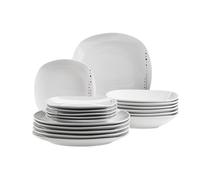 Mäser Fadilla - Set di piatti per 4 persone con design a pois ridotto, 18 pezzi, piatti piatti, piatti profondi e piatti da dessert, porcellana, bianco