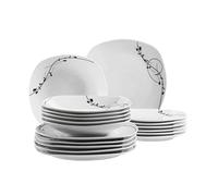 Mäser Londra - Set di piatti per 4 persone con decorazioni a foglie giocose, 18 pezzi, piatti profondi e piatti da dessert, porcellana, bianco