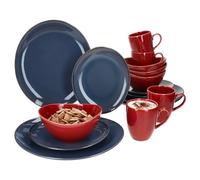 MÄSER Natural - Servizio da tavola da 16 pezzi, per 4 persone, colore: blu e rosso, con 4 tazze da caffè da 270 ml, ciotole da 400 ml, piatti da torta e piatti piani, colazione, pranzo e caffè