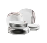 Mäser Sencilla - Set di piatti per 4 persone, con decorazioni a linee moderne, 18 pezzi, piatti piatti, piatti profondi e piatti da dessert, porcellana, bianco