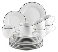 Mäser, Serie Nola, servizio da caffè per 6 persone, moderno, bianco con bordo nero, set di stoviglie da 18 pezzi con tazze da caffè, piattini e piatti da dessert, stoviglie da caffè rotonde, set da