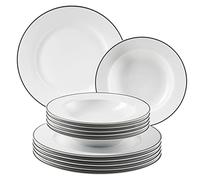 Mäser, Serie Nola, servizio da tavola per 6 persone, moderno, bianco con bordo nero, set da 12 piatti con piatti piani e piatti fondi, set di stoviglie rotonde, stoviglie da tavola, colore: bianco