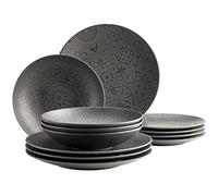 MÄSER Tiles 935076 - Servizio da tavola vintage per 4 persone, in stile moresco con moderna glassa opaca, 12 pezzi, in ceramica, colore: Nero