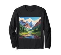 Maestosa Valle di Montagna, Arte, Cime innevate, ruscello di pini Maglia a Manica