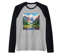 Maestosa Valle di Montagna, Arte, Cime innevate, ruscello di pini Maglia con Maniche Raglan