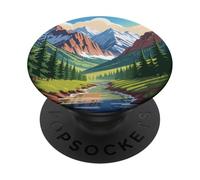 Maestosa valle di montagna, arte, cime innevate, ruscello di pini PopSockets PopGrip Adesivo