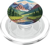 Maestosa valle di montagna, arte, cime innevate, ruscello di pini PopSockets PopGrip per MagSafe