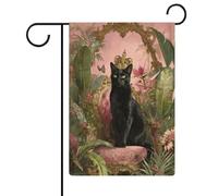 Maestoso gatto nero che indossa una corona dorata bandiera da giardino stagionale vacanza juta doppia faccia casa cortile esterno bandiere 30,5 x 45,7 cm