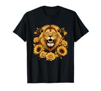 Maestoso Leone con Girasoli E Rose Boho Maglietta