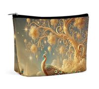 Maestoso pavone dorato con albero incantato, borsa per il trucco da donna con cerniera, borsa da viaggio per articoli da toeletta, borse per il trucco per articoli da toeletta e cosmetici